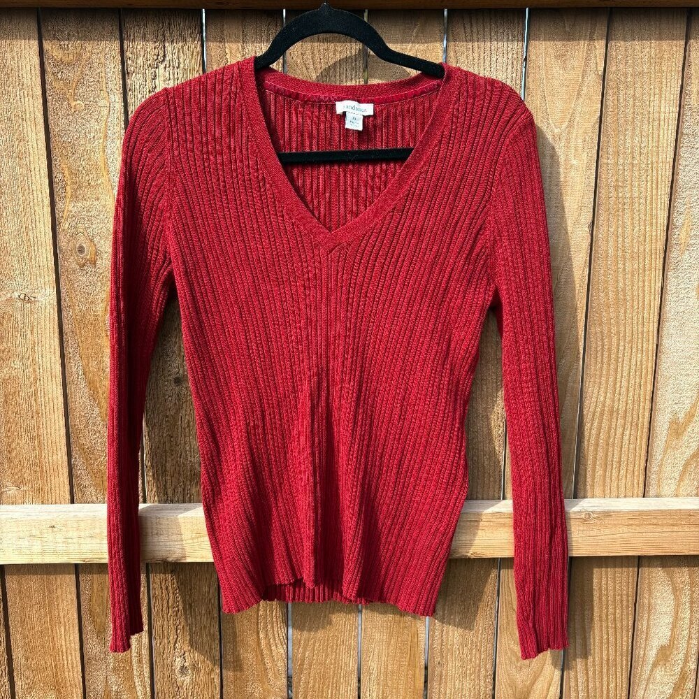 Sundance Long Sleeve Ribbed Blouse Women's XL Red V-Neck Stretch Classic Holiday